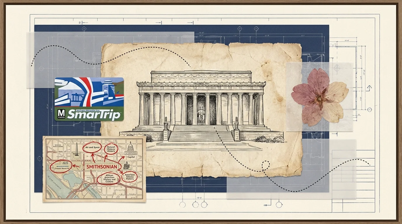 A collage of D.C. elements including a sketch of the Lincoln Memorial, a Metro card, and a map of the National Mall.