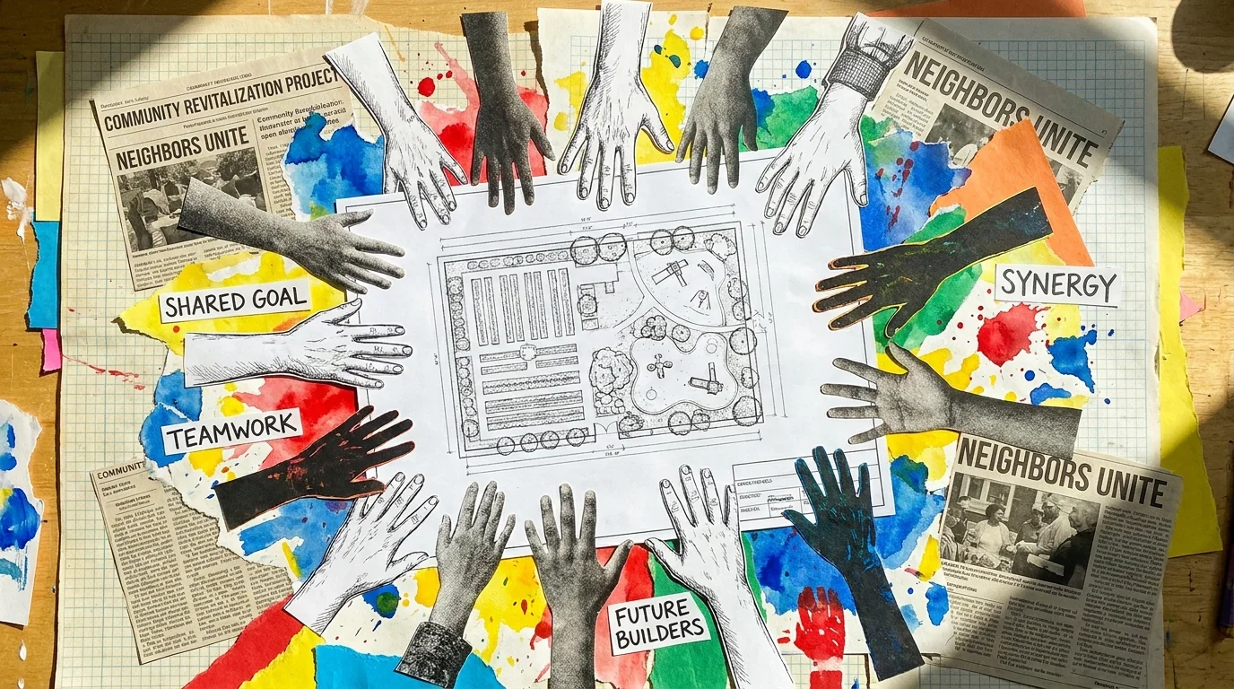 A collage of diverse hands coming together to work on a community blueprint, symbolizing teamwork.