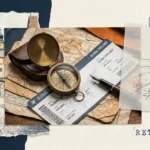 A collage of maps, a compass, and a fountain pen, symbolizing the start of a retirement travel journey.