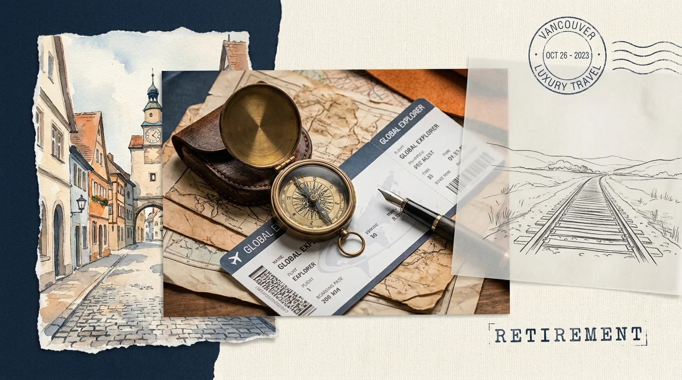 A collage of maps, a compass, and a fountain pen, symbolizing the start of a retirement travel journey.