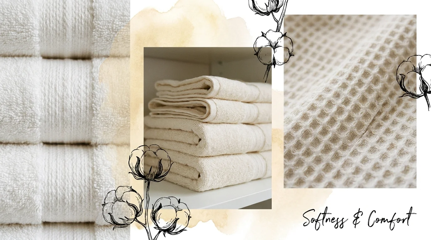 A collage of white and cream fabric textures like terry cloth and waffle weave, accented by watercolor washes.