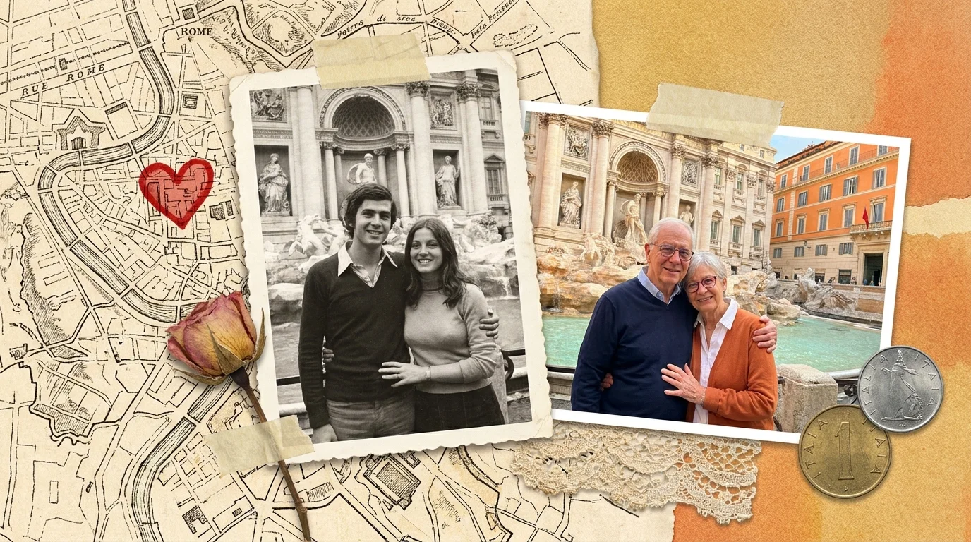 A collage showing a couple at the same fountain in Rome, decades apart.