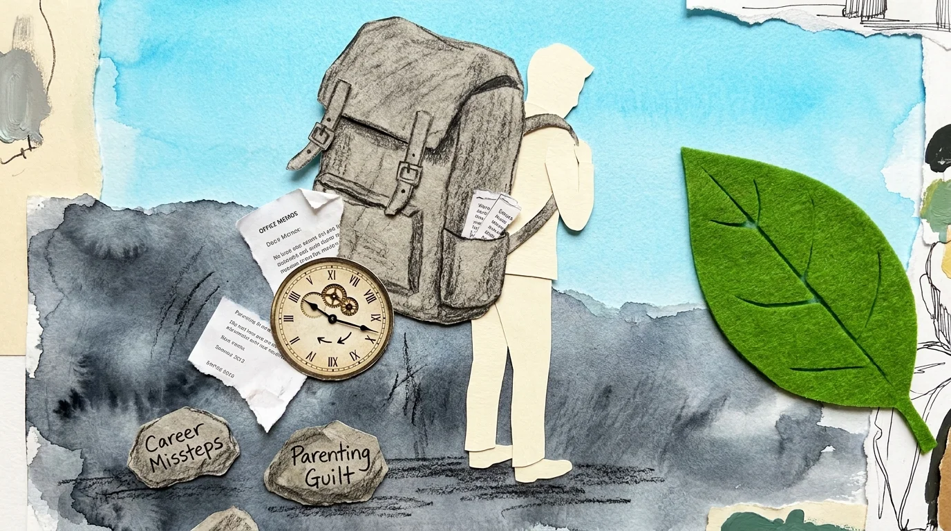 A collage showing a person dropping a heavy backpack filled with stones labeled with past regrets, moving toward a bright blue sky.