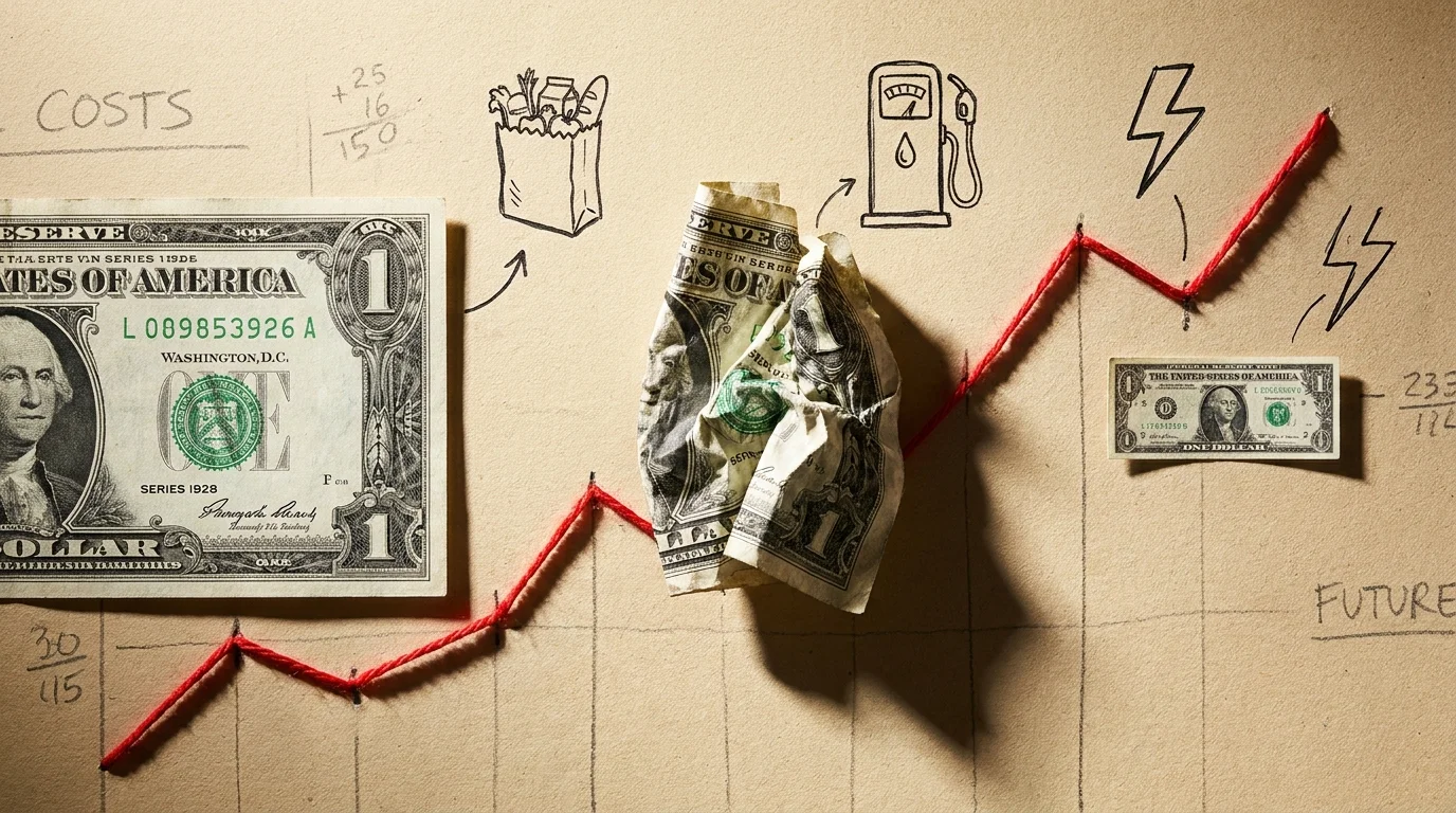 A collage showing a shrinking dollar bill and a rising red thread representing the impact of inflation over time.