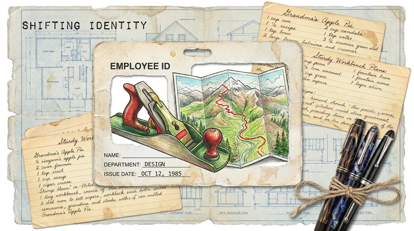 A collage showing an old work ID badge with the photo replaced by drawings of woodworking tools and nature maps.