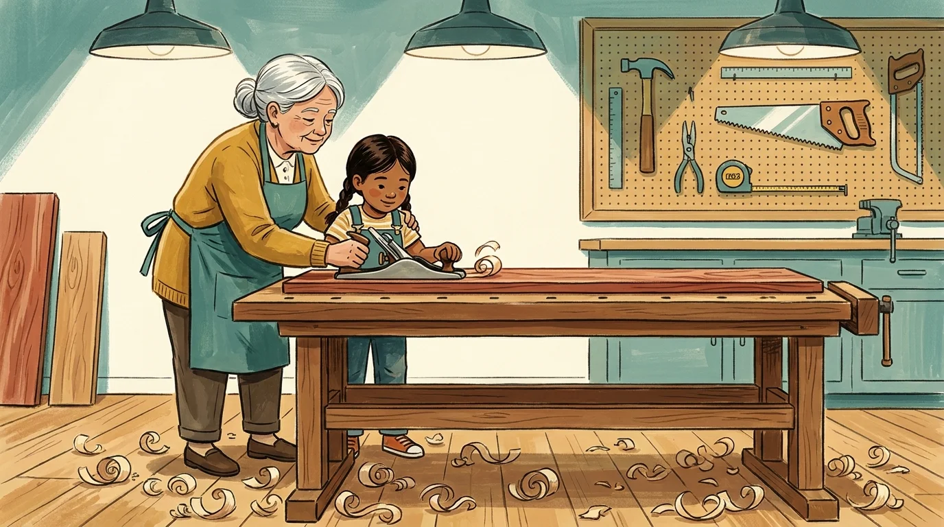 A colorful gouache illustration of a grandmother teaching a girl how to use a hand-planer in a woodworking shop.