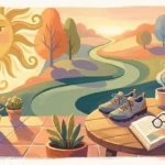 A colorful gouache illustration of a sunlit patio with retirement lifestyle items like a book, tea, and gardening tools.