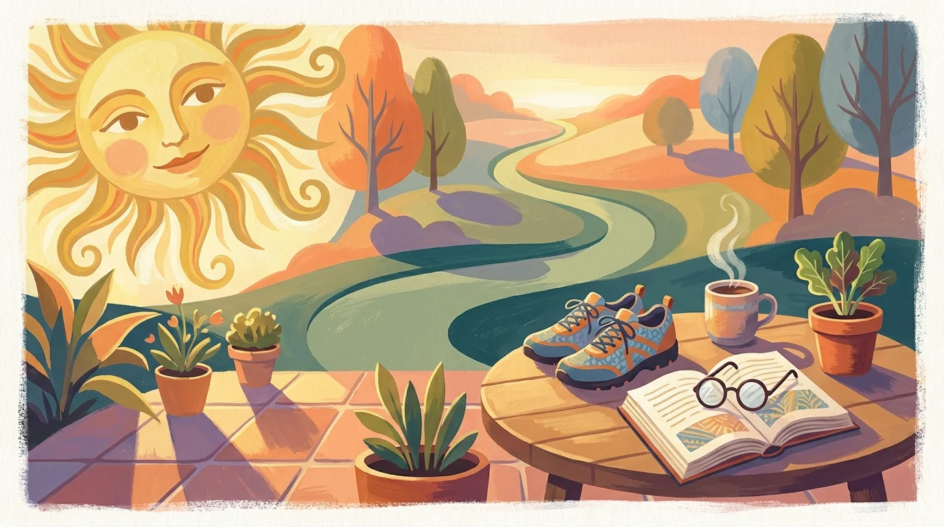 A colorful gouache illustration of a sunlit patio with retirement lifestyle items like a book, tea, and gardening tools.