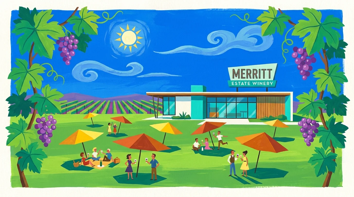 A colorful gouache illustration of an outdoor winery lawn with sun umbrellas and grapevines under a bright blue sky.