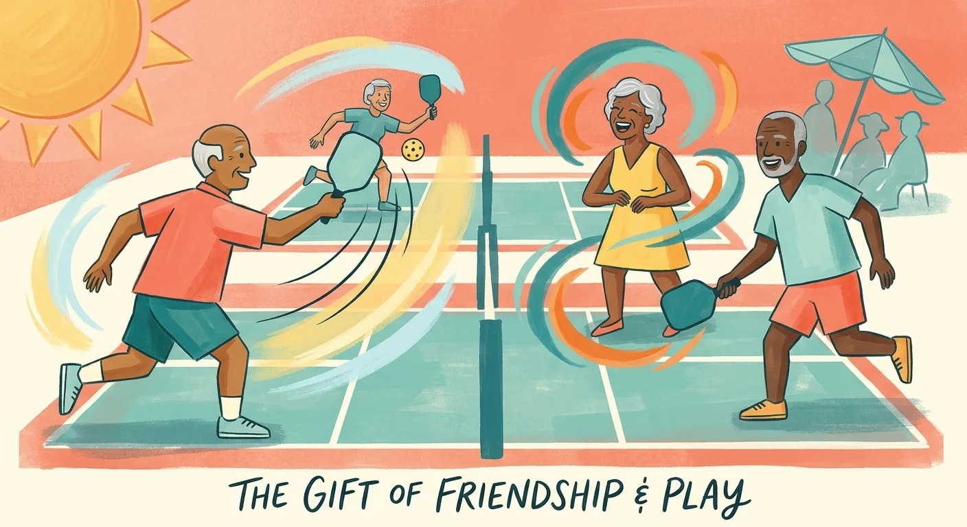 A colorful gouache illustration of seniors playing pickleball and laughing together on a bright day.