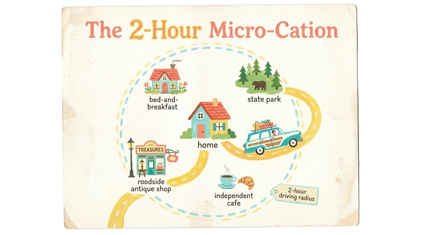 A colorful gouache illustration showing a 2-hour driving radius map filled with weekend getaway icons like cabins and antique shops.