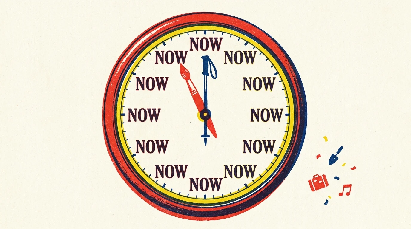 A colorful illustration of a clock where every number is replaced with the word 'NOW', with hands shaped like a paintbrush and a hiking pole