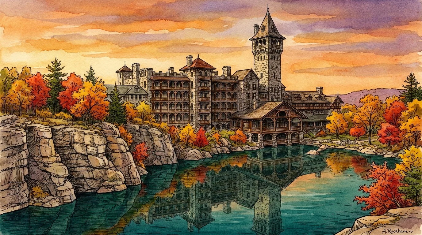 A colorful watercolor illustration of a Victorian castle-like resort perched on a cliff over a pristine mountain lake in autumn.