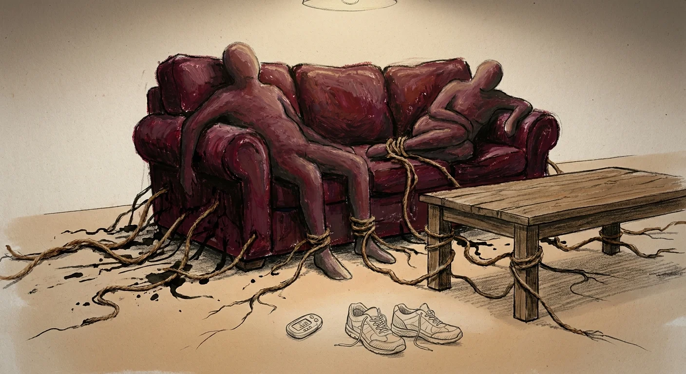 A conceptual illustration of a couple on a sofa where the furniture has roots growing into the floor, trapping them in place.