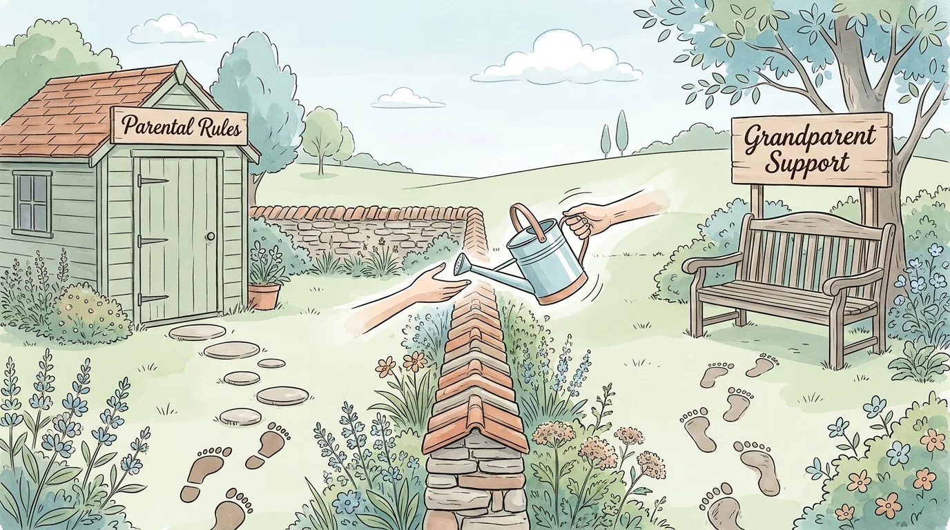 A conceptual illustration of a low garden wall with labels for parental rules and grandparent support, showing a watering can being shared o