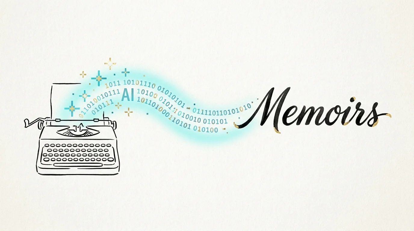 A conceptual illustration of a typewriter producing a stream of digital sparkles that form the word 'Memoirs'.