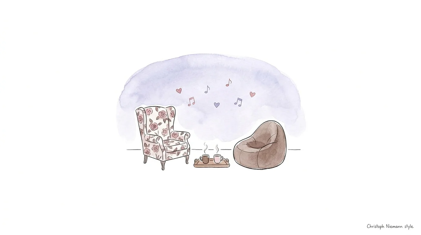 A conceptual illustration of two chairs inside a soft purple bubble, representing a safe and private space for conversation.