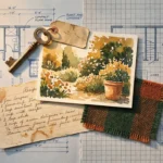 A conceptual mixed media collage featuring architectural blueprints, fabric swatches, and garden imagery to represent downsizing choices.