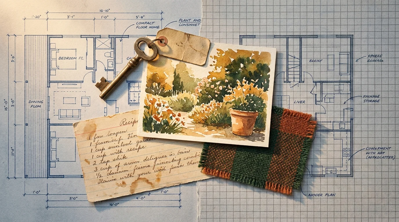 A conceptual mixed media collage featuring architectural blueprints, fabric swatches, and garden imagery to represent downsizing choices.