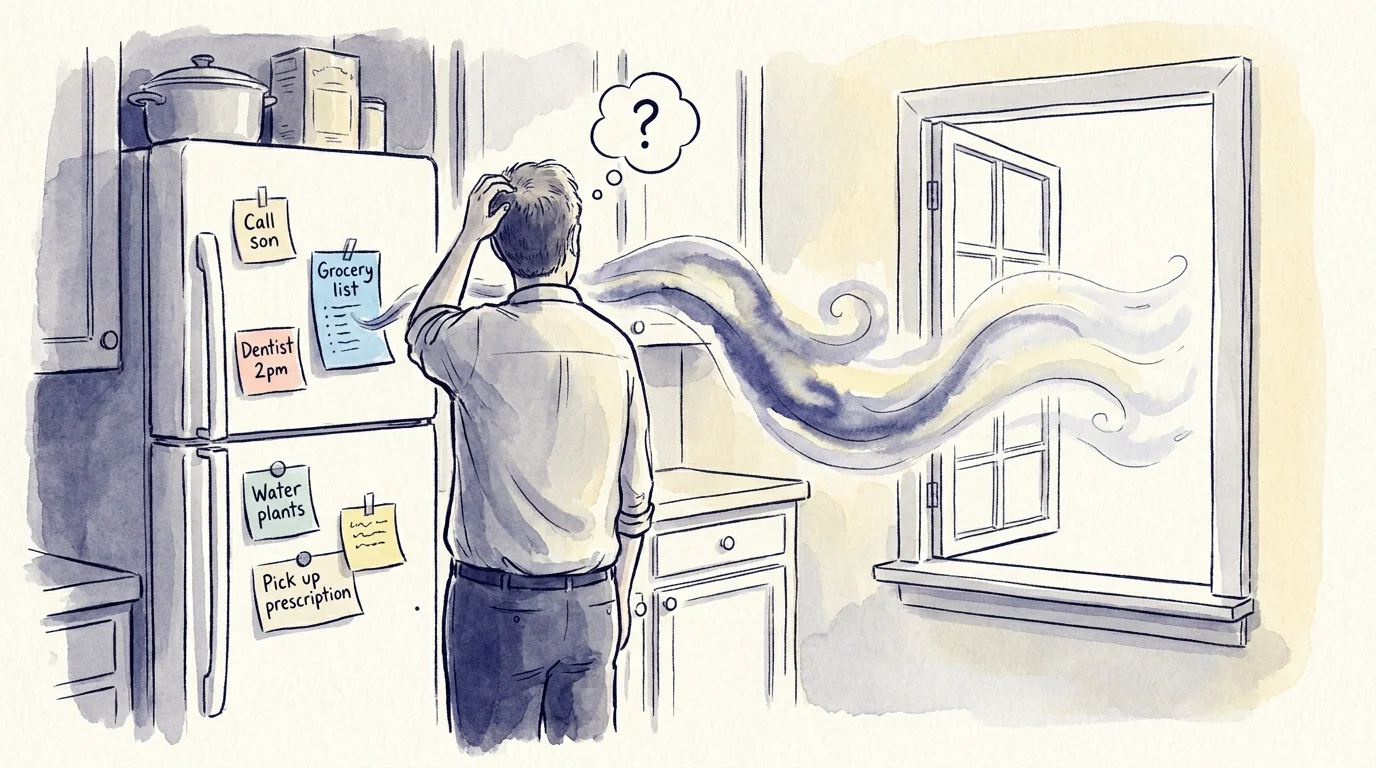 A conceptual watercolor illustration of a man watching a memo note turn into mist, symbolizing memory slips and brain fog.