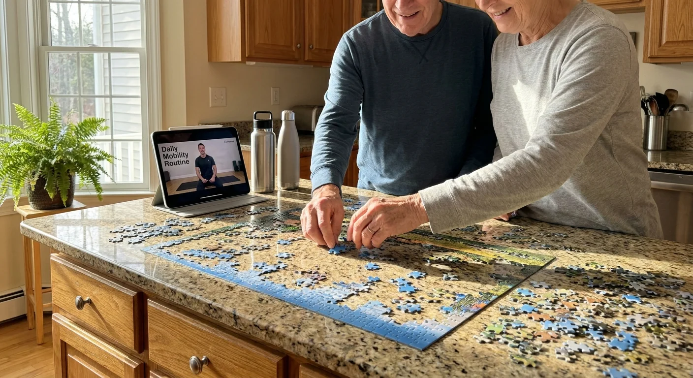 A couple in their 60s works together on a jigsaw puzzle at a kitchen island, with a workout video playing on a tablet nearby.