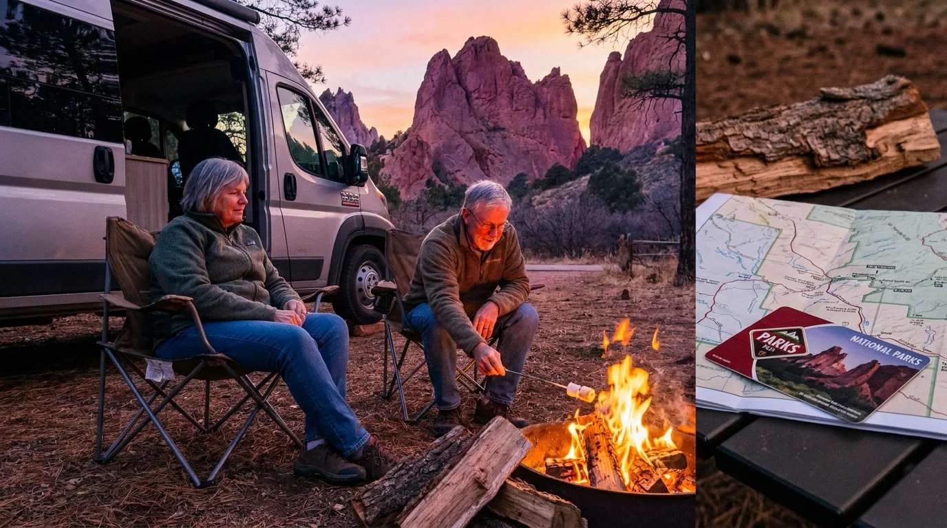 A couple relaxing by a campfire next to their RV at a national park during sunset.