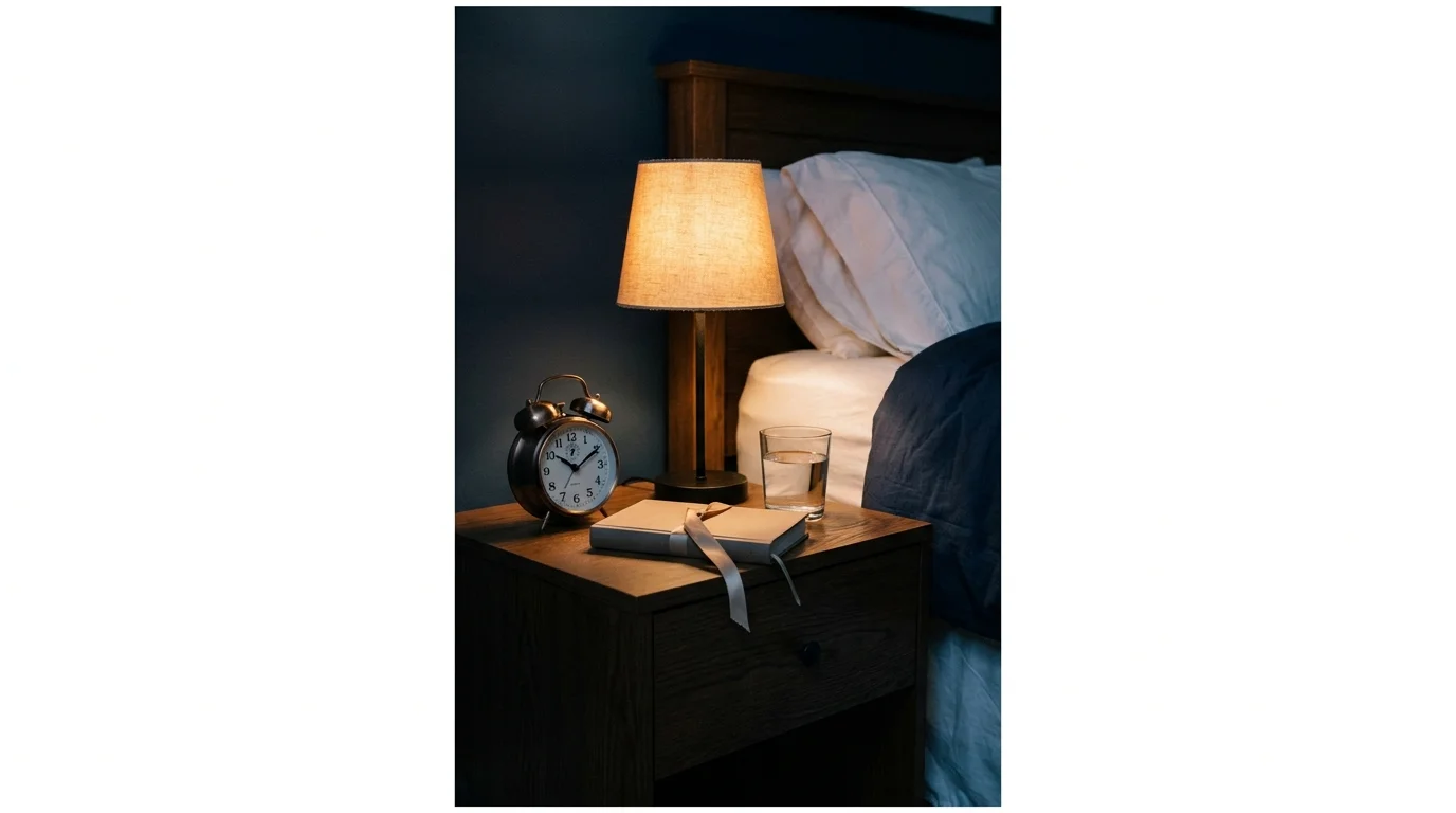 A cozy bedside table at 10 PM with a warm lamp, an alarm clock, and a book, showing a healthy sleep environment.
