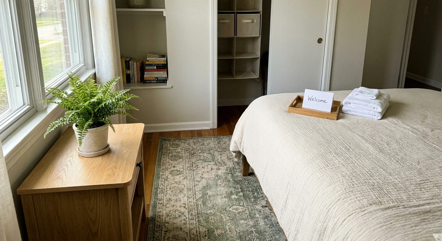 A cozy, well-lit spare bedroom with a welcome tray on the bed, ready for a guest.