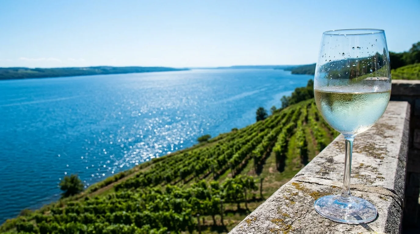 A crisp photo of a white wine glass on a stone railing overlooking a large blue lake and green hills.