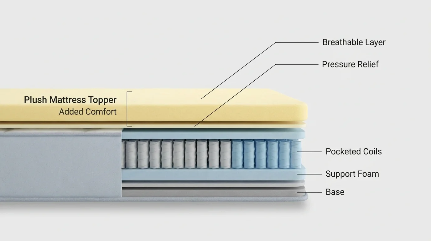 A cross-section diagram showing how adding a plush topper can revitalize an existing mattress for better comfort.