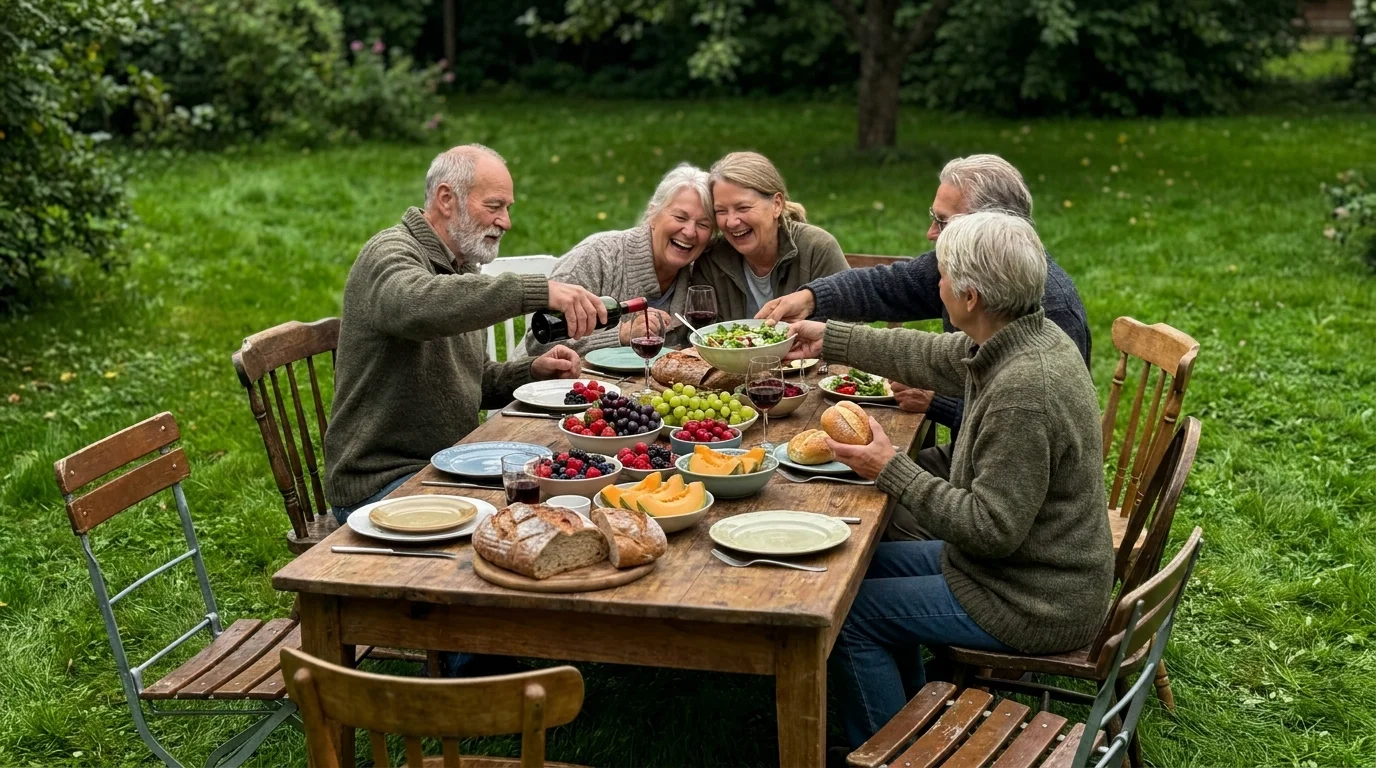 A diverse group of happy seniors shares a rustic outdoor meal together, representing a supportive and joyful retirement social network.