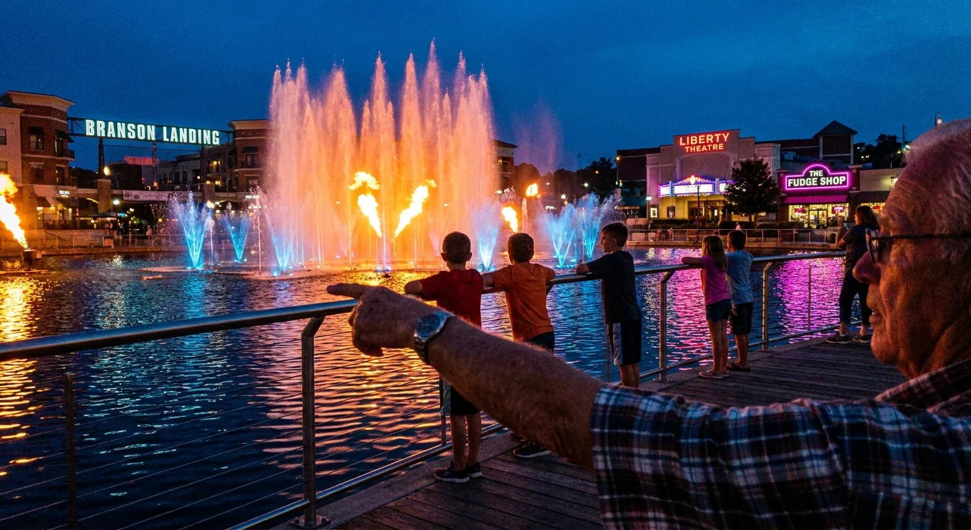 A family watches the fire and water fountain show at Branson Landing during the evening blue hour.