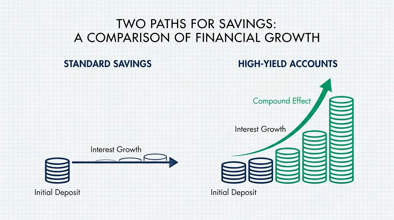 A financial diagram comparing the growth of standard savings versus high-yield accounts.