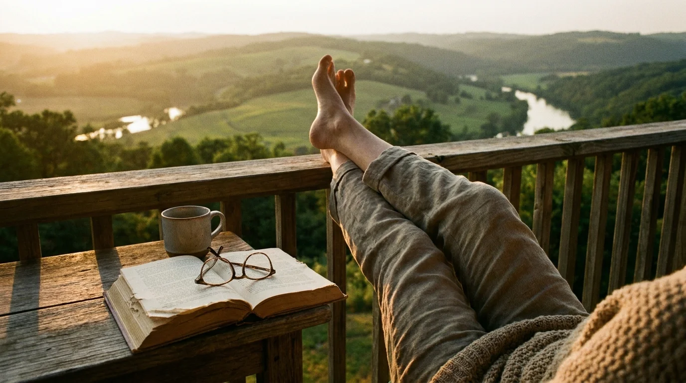 A first-person view from a porch at sunset, showing a book and glasses on a table with a beautiful landscape in the distance.
