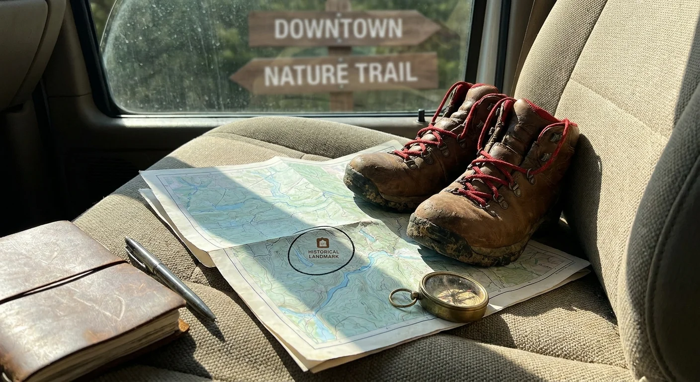A first-person view of a map, walking shoes, and a journal, ready for a local day-trip exploration.