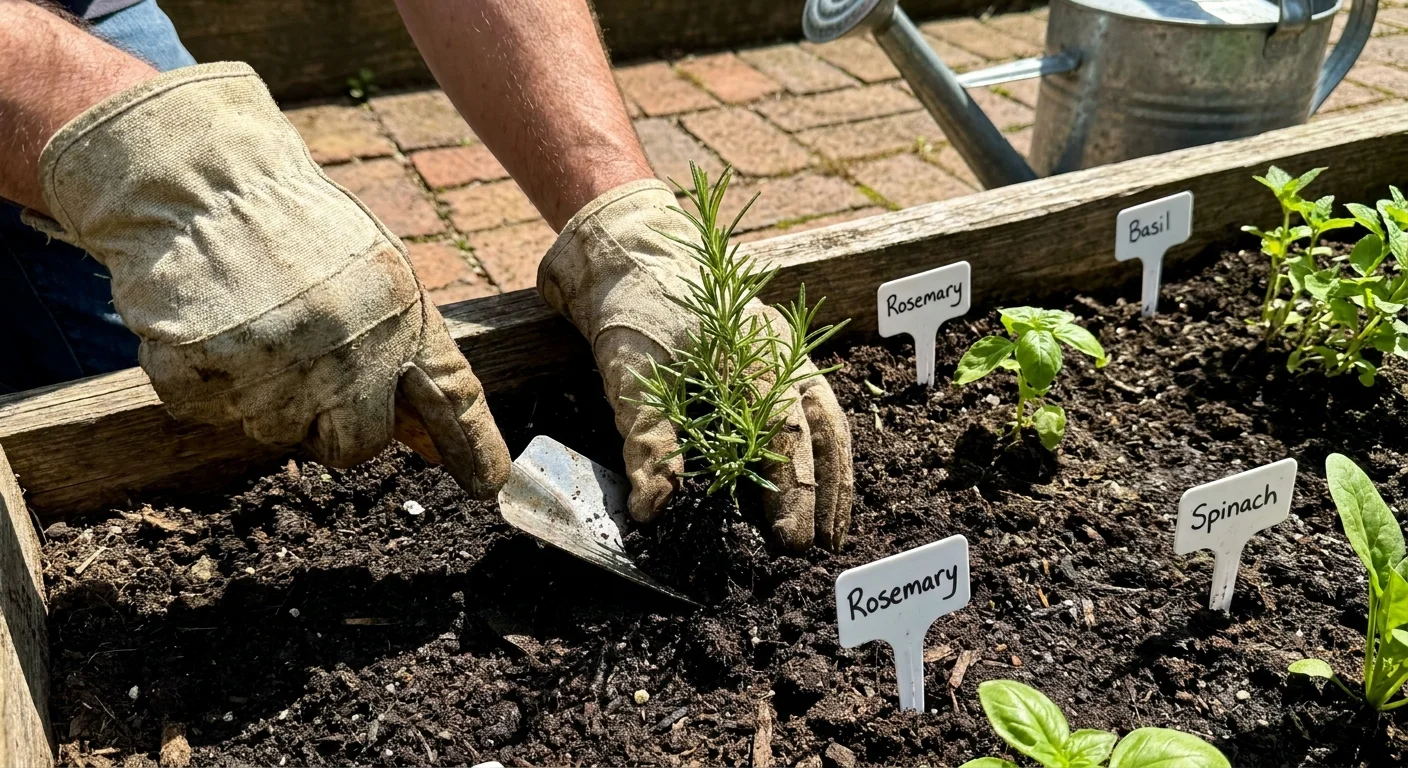 A first-person view of hands planting rosemary and basil in a garden, emphasizing the physical activity of cultivation.