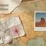 A flat-lay collage of travel items like maps, shells, and Polaroid photos representing grandparent-grandchild vacations.