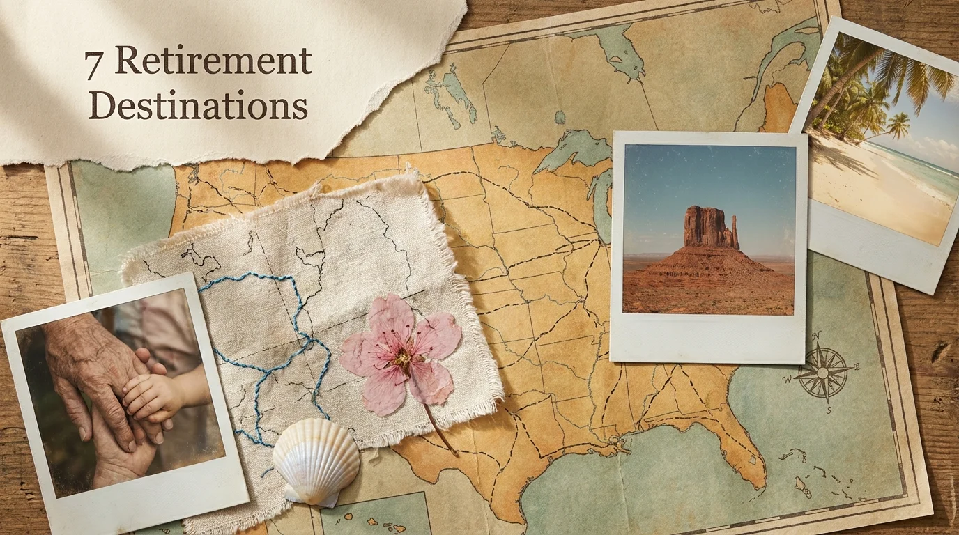 A flat-lay collage of travel items like maps, shells, and Polaroid photos representing grandparent-grandchild vacations.