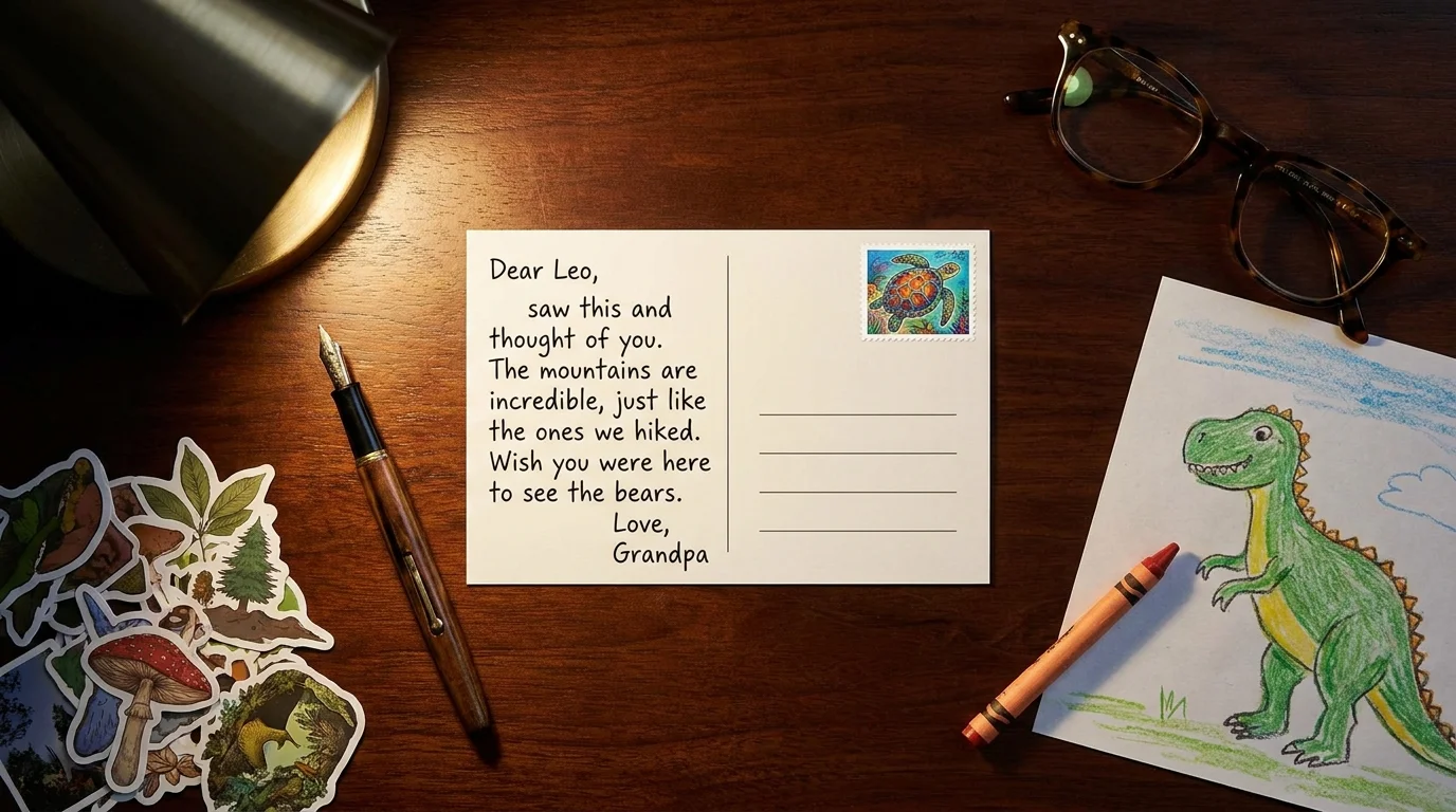 A flat-lay of a handwritten postcard, a fountain pen, and a child's drawing on a wooden desk.