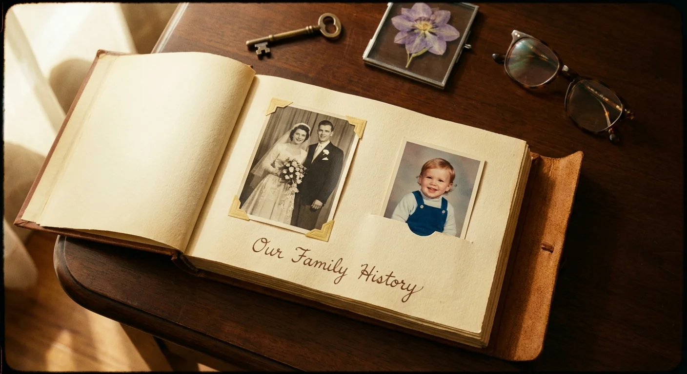 A flat lay photograph of an open scrapbook containing old black-and-white photos and handwritten notes about family history.