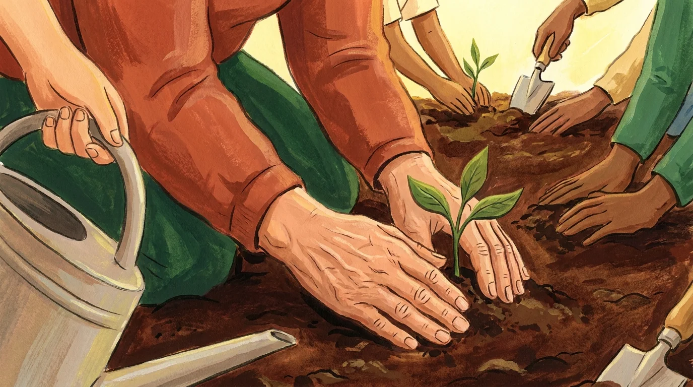 A gouache illustration of hands planting a seedling, symbolizing community service and giving back.