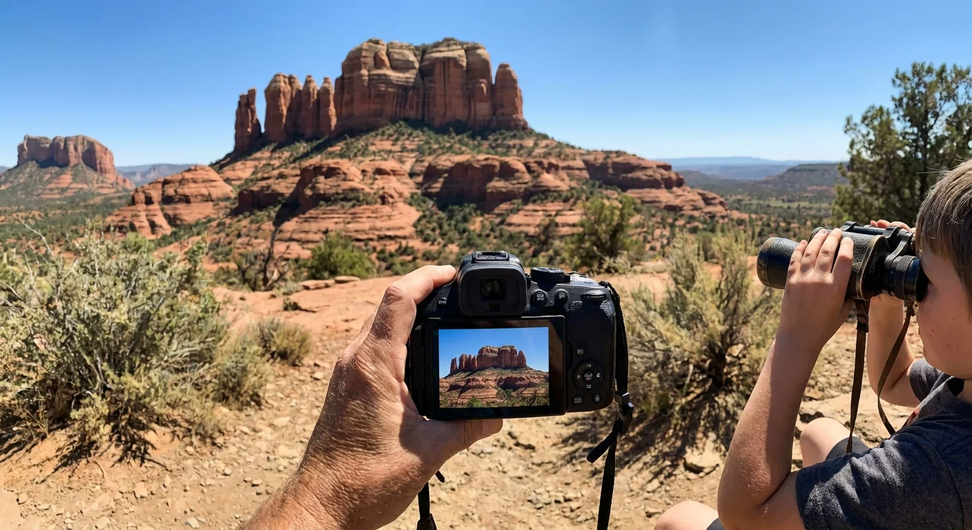 A grandfather and grandchild look out over the red rock formations of Sedona using binoculars and a camera.