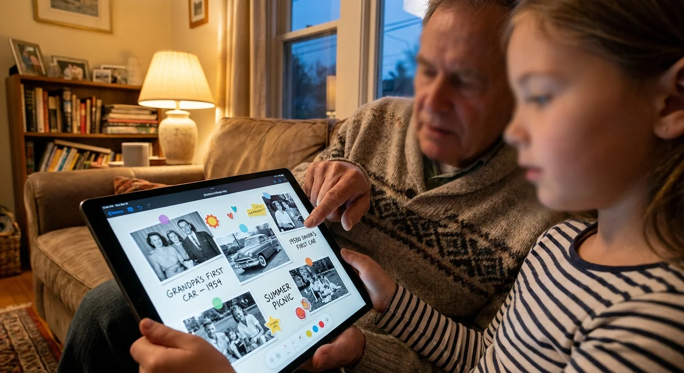A grandfather and granddaughter look at a digital scrapbook on a tablet, sharing family history through photos.