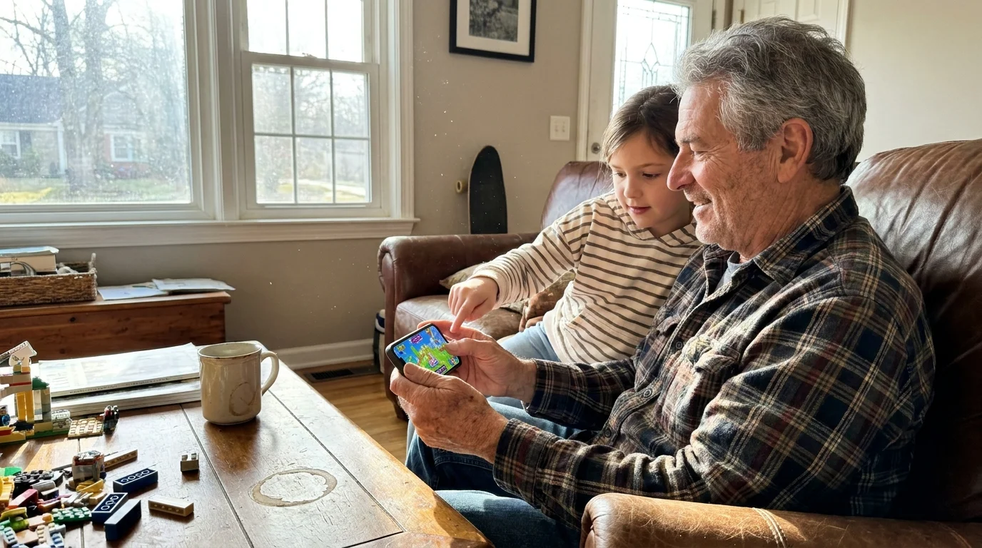 A grandfather and granddaughter sitting in a living room, leaning together as she teaches him how to play a game on his smartphone.