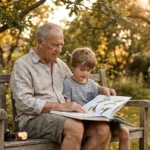 A grandfather and grandson sit on a wooden garden bench together, looking at a bird-watching book under the warm glow of late afternoon sun.