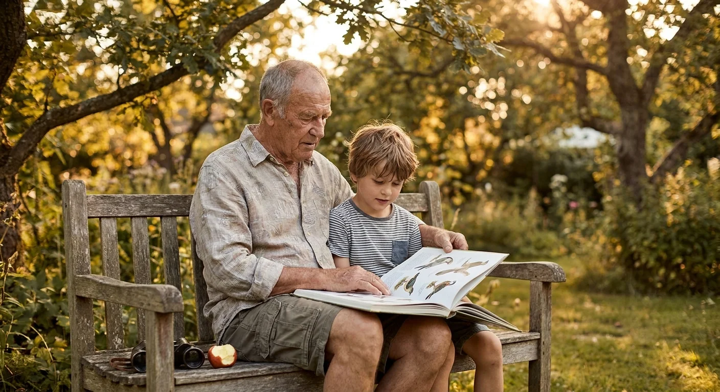 A grandfather and grandson sit on a wooden garden bench together, looking at a bird-watching book under the warm glow of late afternoon sun.