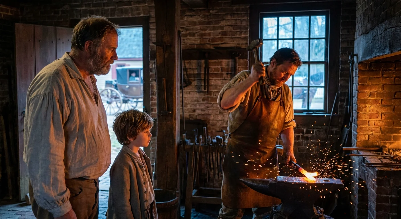 A grandfather and grandson watch a blacksmith work at a traditional forge in Colonial Williamsburg.