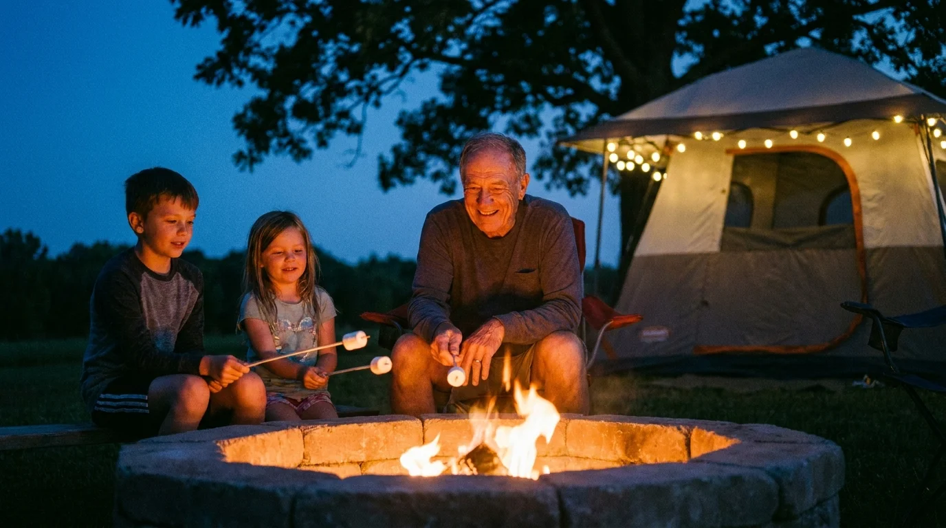 A grandfather and his grandchildren toast marshmallows over a backyard fire pit next to a tent at twilight.