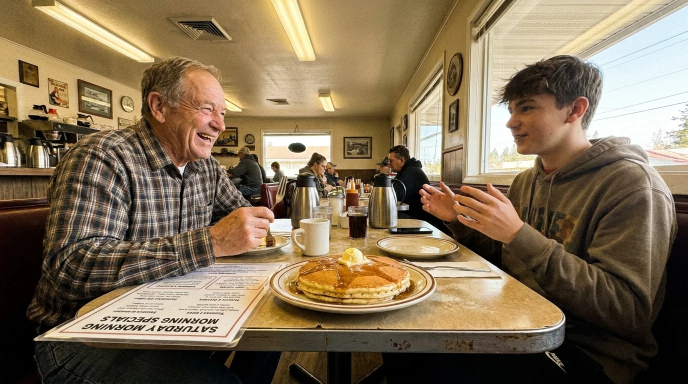 A grandfather and his teenage grandson sharing a plate of pancakes in a red vinyl diner booth during their Saturday morning tradition.