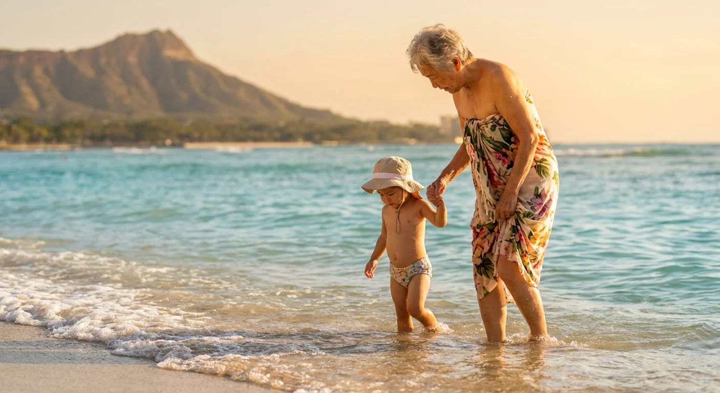 A grandmother and grandchild wade in the calm, turquoise waters of Waikiki with Diamond Head in the background.